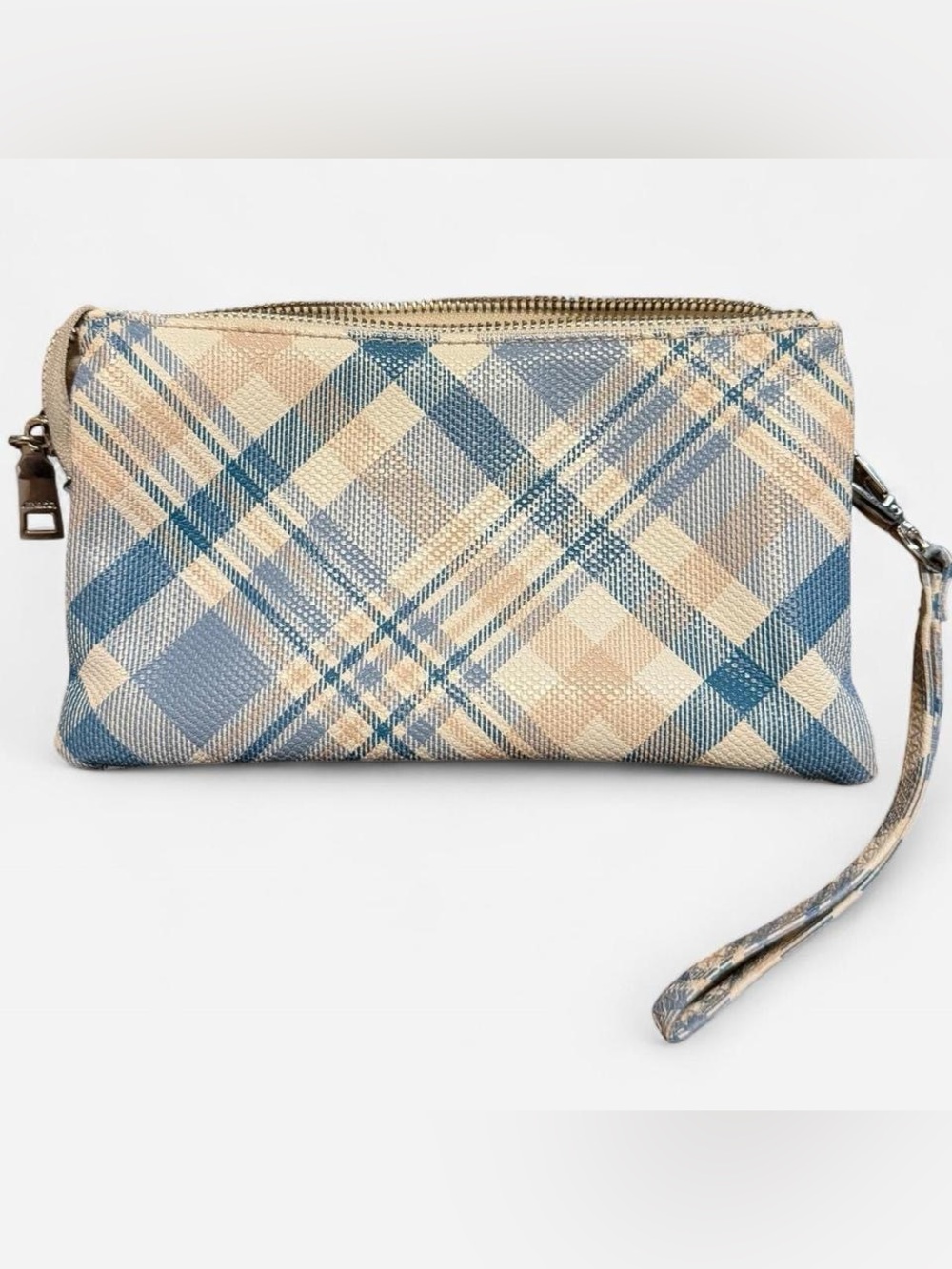 Plaid Zip Wristlet Clutch in Blue and Cream